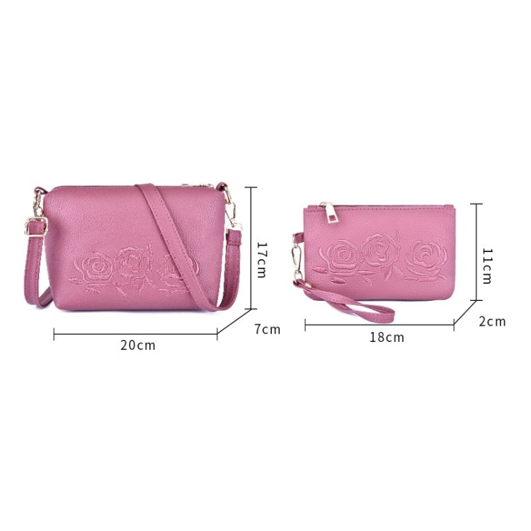 3 in 1 Embroidery Rose Pattern PU Shoulder Bag Ladies Handbag Messenger Bag with Plush Ball