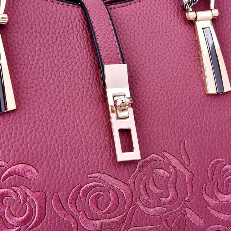 3 in 1 Embroidery Rose Pattern PU Shoulder Bag Ladies Handbag Messenger Bag with Plush Ball