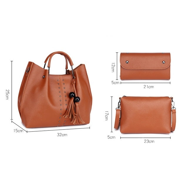 3 in 1 Crosss Texture PU Shoulder Bag Ladies Handbag Messenger Bag with Bead Tassel