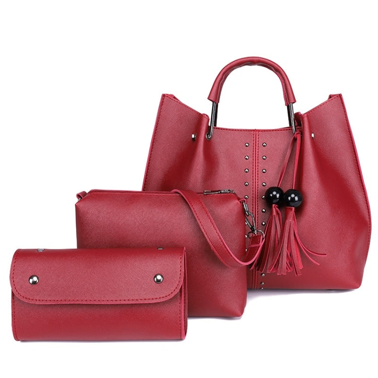 3 in 1 Crosss Texture PU Shoulder Bag Ladies Handbag Messenger Bag with Bead Tassel