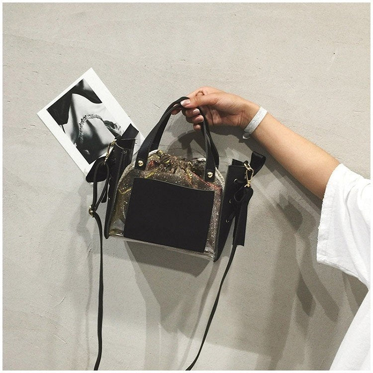 2 in 1 Clear Plastic Ribbon Single Shoulder Bag Ladies Handbag Messenger Bag