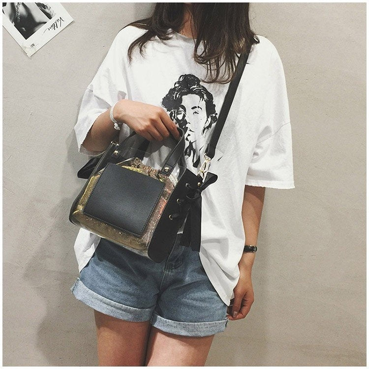 2 in 1 Clear Plastic Ribbon Single Shoulder Bag Ladies Handbag Messenger Bag