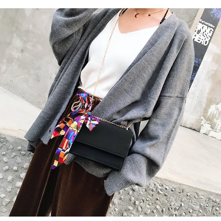 Matte Small Square Bag Silk Scarf Shoulder Bag Messenger Bag Ladies Handbag (Black)