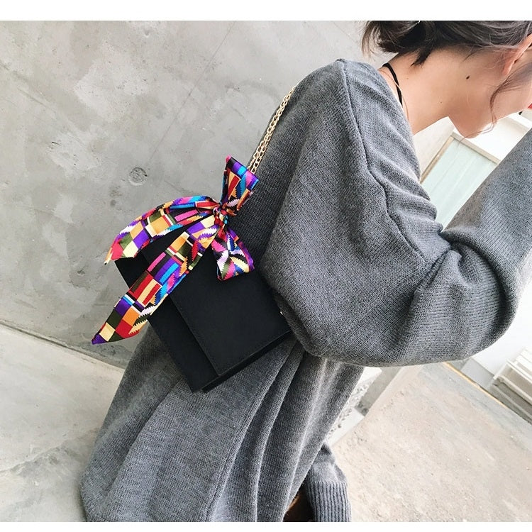 Matte Small Square Bag Silk Scarf Shoulder Bag Messenger Bag Ladies Handbag (Black)