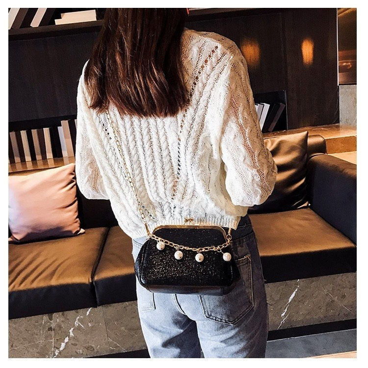 Fashion Pearl Chain-strap Single Shoulder Bag Lady Messenger Tote Bag (Black)