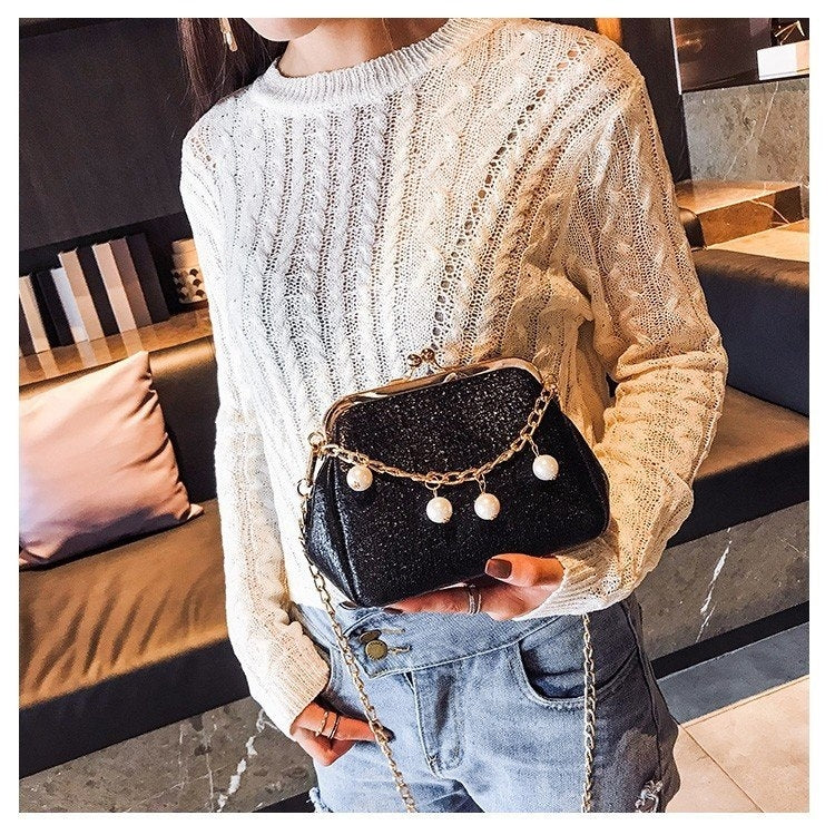 Fashion Pearl Chain-strap Single Shoulder Bag Lady Messenger Tote Bag (Black)