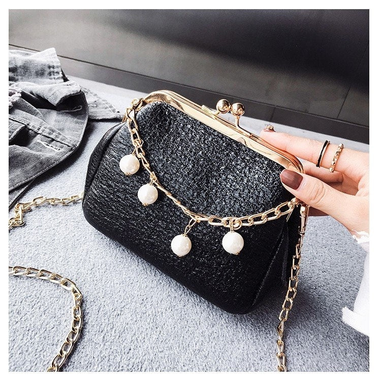 Fashion Pearl Chain-strap Single Shoulder Bag Lady Messenger Tote Bag (Black)