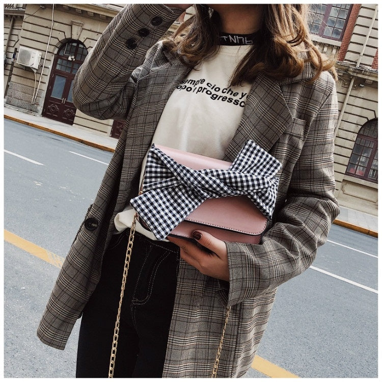Plaid Cloth Bow Fashion PU Leather Single Shoulder Bag Ladies Messenger Tote Bag (Pink)