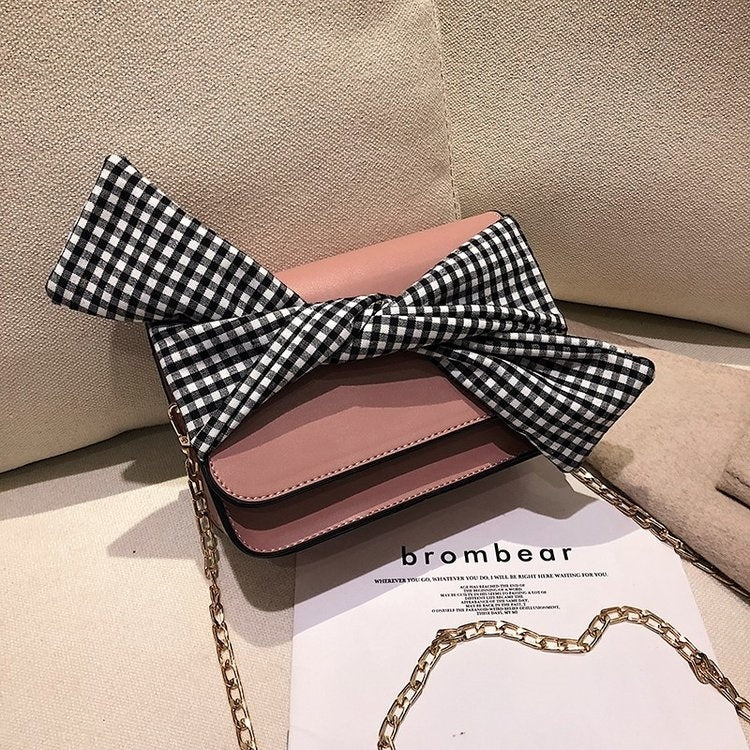 Plaid Cloth Bow Fashion PU Leather Single Shoulder Bag Ladies Messenger Tote Bag (Pink)