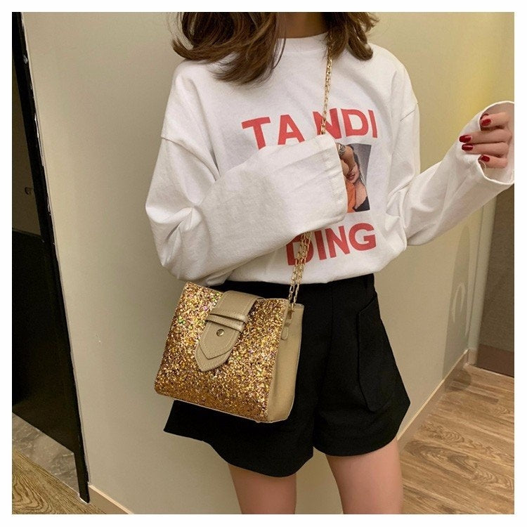 Fashion Glitter Big Belt Buckle Chain Single Shoulder Bag Ladies Handbag Messenger Bag (Gold)