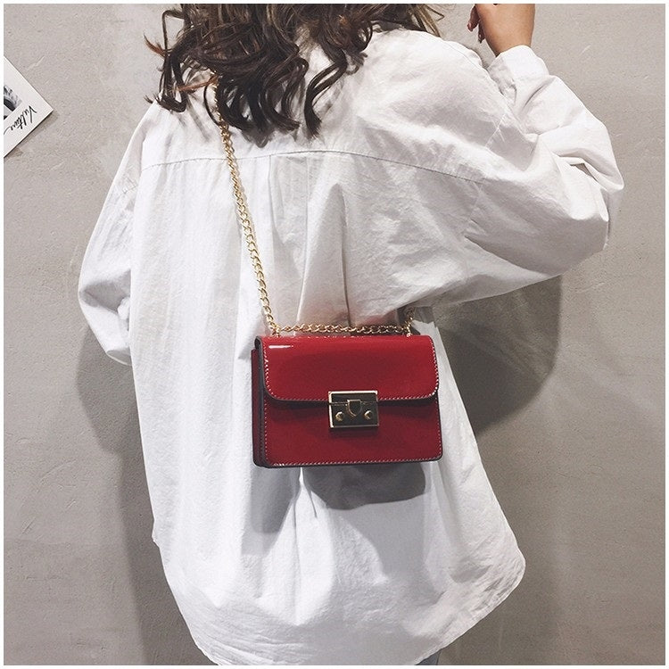 Pure Color Glossy Surface Small Square Bag Handbag Single Shoulder Bag Messenger Bag