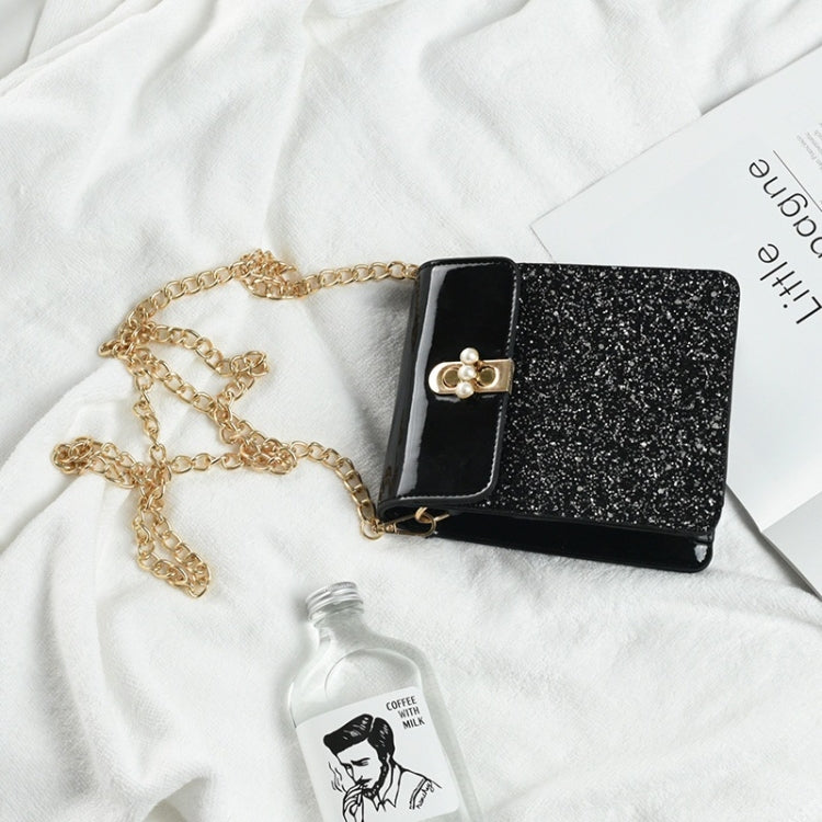 Pearl Lock Buckle Glitter Small Square Bag Chain Single Shoulder Bag Ladies Handbag Messenger Bag (Black)