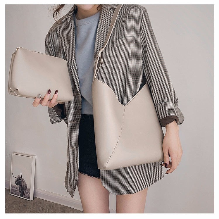 2 in 1 Large-capacity Solid Color Single Shoulder Bag Ladies Handbag