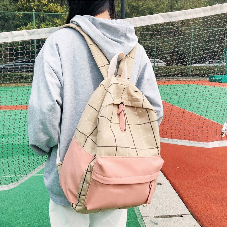 Plaid Color Matching Fresh Fashion Double Zip Canvas Girls Backpack Double-shoulder Bag