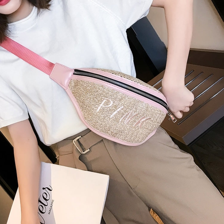 Fashion Weaving Straw Color Letter PU Single Shoulder Bag Zipper Messenger Bag Waist Sports Chest Pockets Bag