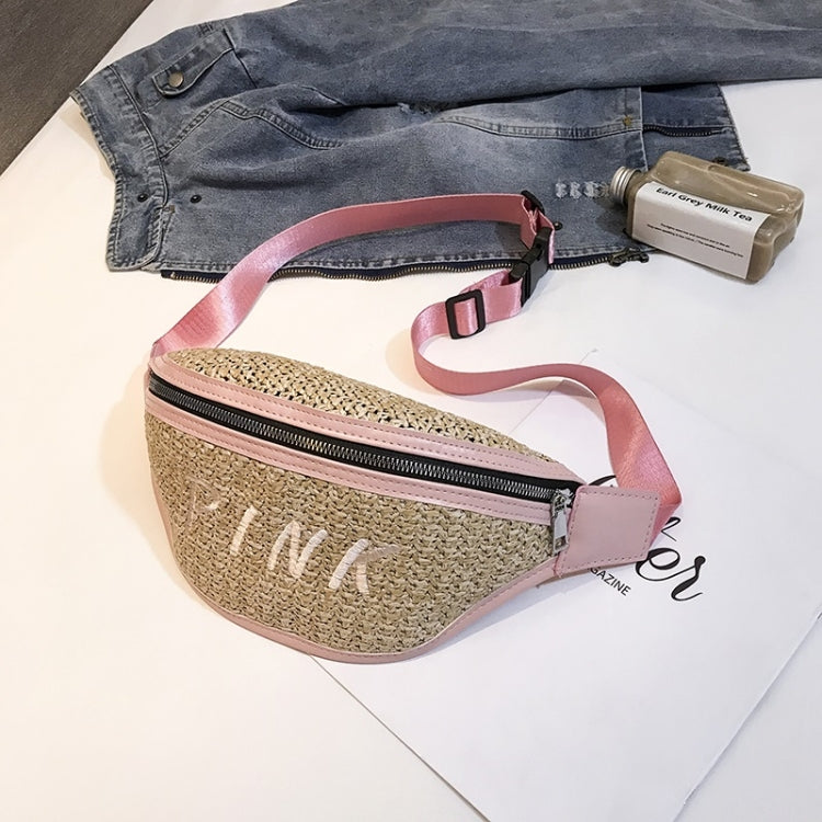 Fashion Weaving Straw Color Letter PU Single Shoulder Bag Zipper Messenger Bag Waist Sports Chest Pockets Bag
