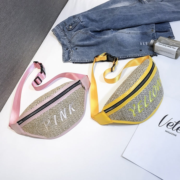 Fashion Weaving Straw Color Letter PU Single Shoulder Bag Zipper Messenger Bag Waist Sports Chest Pockets Bag