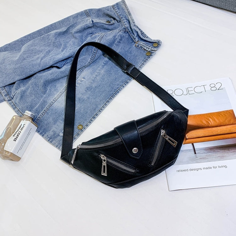 Solid Color Fashion PU Single Shoulder Bag Zipper Messenger Bag Casual Waist Chest Pockets Bag