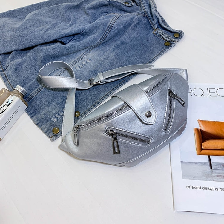 Solid Color Fashion PU Single Shoulder Bag Zipper Messenger Bag Casual Waist Chest Pockets Bag