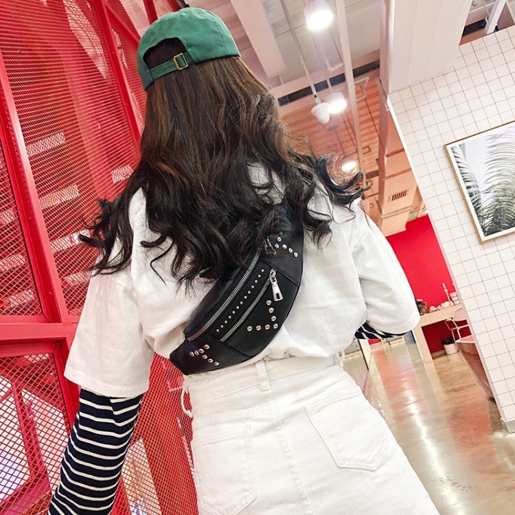 Fashion Rivet PU Single Shoulder Bag Zipper Ladies Messenger Bag Chest Waist Pockets Bag