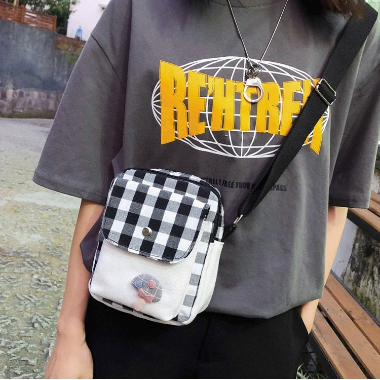 Fresh Simple Lattice Pattern Cute Mushroom Decoration Canvas Single Shoulder Bag Ladies Chest Bag