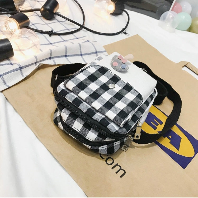 Fresh Simple Lattice Pattern Cute Mushroom Decoration Canvas Single Shoulder Bag Ladies Chest Bag