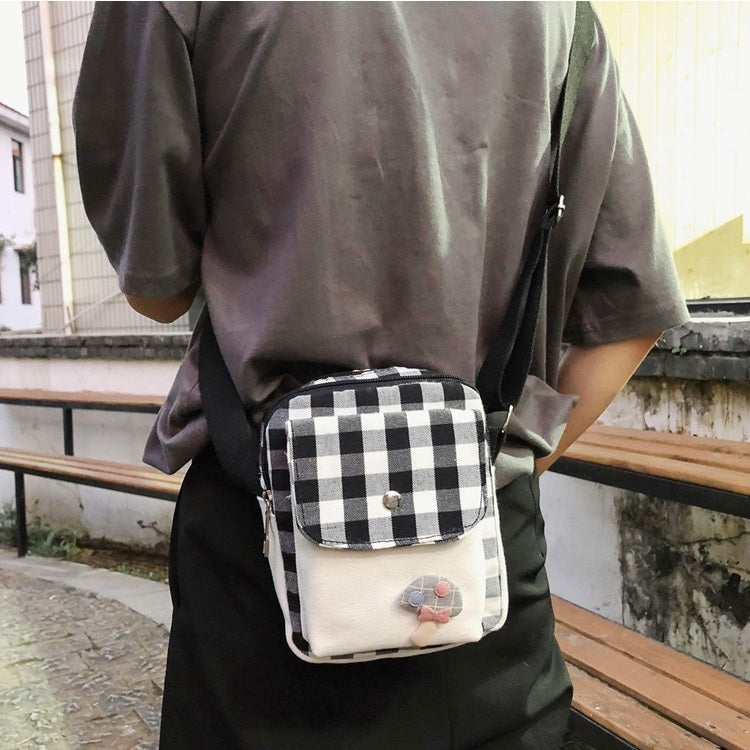 Fresh Simple Lattice Pattern Cute Mushroom Decoration Canvas Single Shoulder Bag Ladies Chest Bag