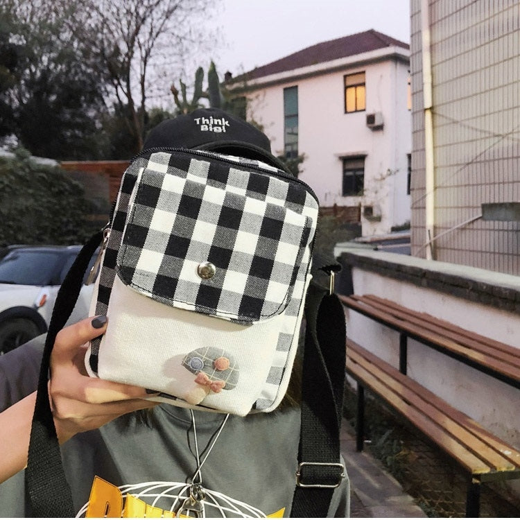 Fresh Simple Lattice Pattern Cute Mushroom Decoration Canvas Single Shoulder Bag Ladies Chest Bag