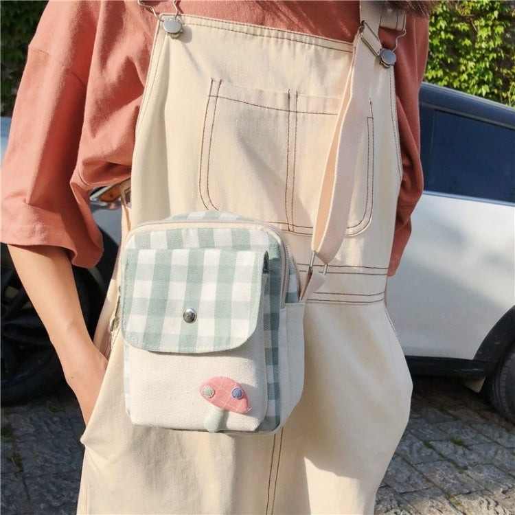 Fresh Simple Lattice Pattern Cute Mushroom Decoration Canvas Single Shoulder Bag Ladies Chest Bag