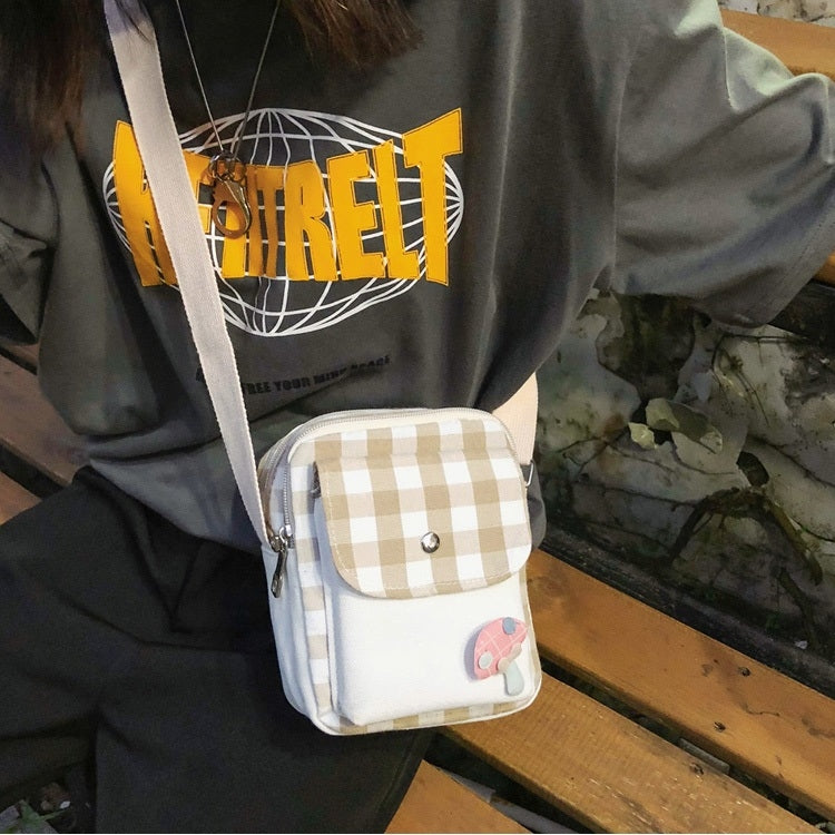 Fresh Simple Lattice Pattern Cute Mushroom Decoration Canvas Single Shoulder Bag Ladies Chest Bag