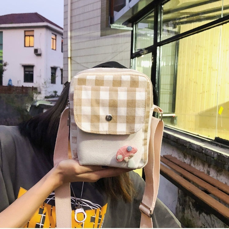 Fresh Simple Lattice Pattern Cute Mushroom Decoration Canvas Single Shoulder Bag Ladies Chest Bag