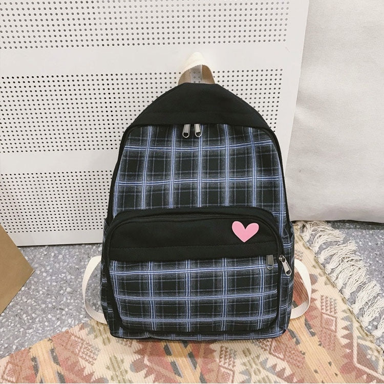 Large-capacity Heart Lattice Pattern Casual Double Shoulders Bag Casual Backpack Couple School Bag