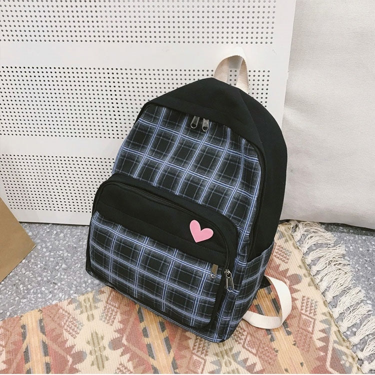 Large-capacity Heart Lattice Pattern Casual Double Shoulders Bag Casual Backpack Couple School Bag
