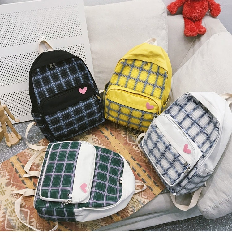 Large-capacity Heart Lattice Pattern Casual Double Shoulders Bag Casual Backpack Couple School Bag
