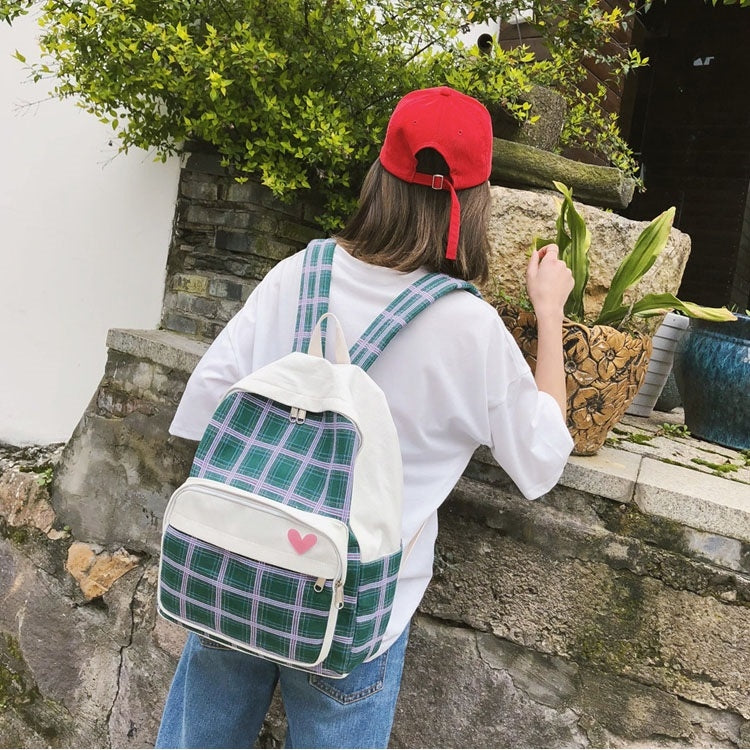 Large-capacity Heart Lattice Pattern Casual Double Shoulders Bag Casual Backpack Couple School Bag