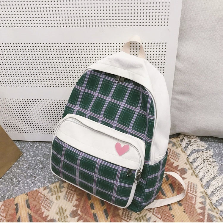 Large-capacity Heart Lattice Pattern Casual Double Shoulders Bag Casual Backpack Couple School Bag