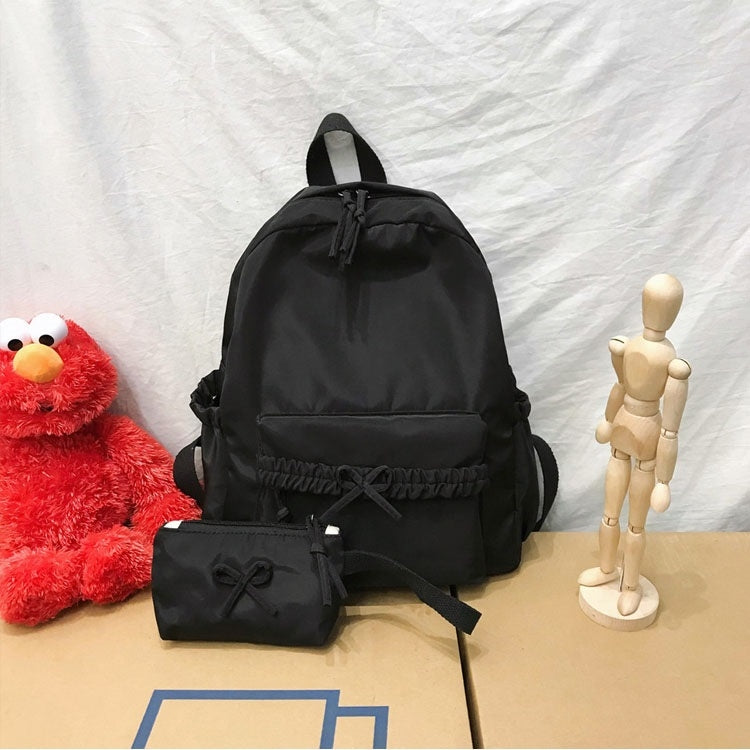 2 in 1 Solid Color Bow Large Capacity Casual Double Shoulders Bag Backpack School Bag