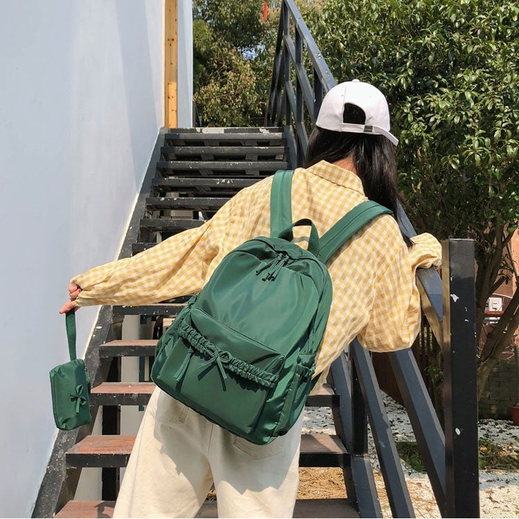 2 in 1 Solid Color Bow Large Capacity Casual Double Shoulders Bag Backpack School Bag