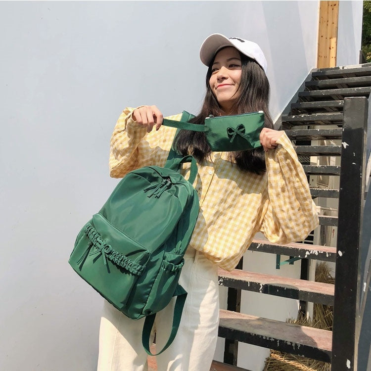 2 in 1 Solid Color Bow Large Capacity Casual Double Shoulders Bag Backpack School Bag