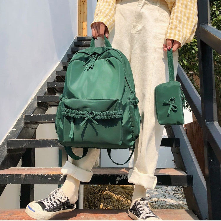 2 in 1 Solid Color Bow Large Capacity Casual Double Shoulders Bag Backpack School Bag