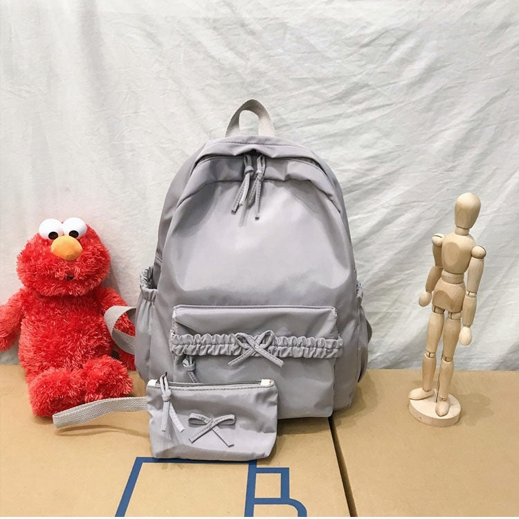 2 in 1 Solid Color Bow Large Capacity Casual Double Shoulders Bag Backpack School Bag