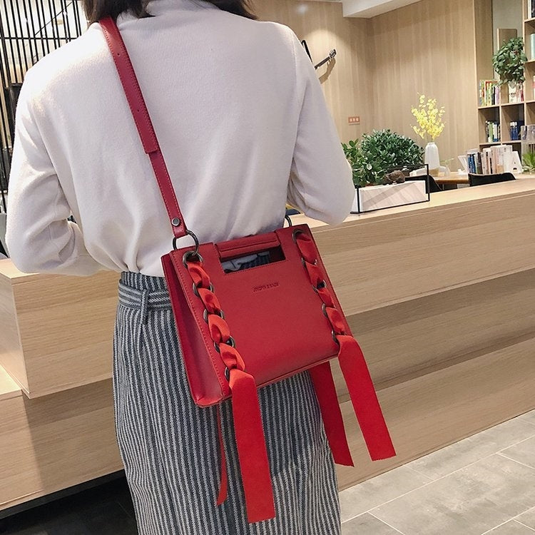 Ribbon Square Bag PU Leather Single Shoulder Bag Ladies Handbag Messenger Bag