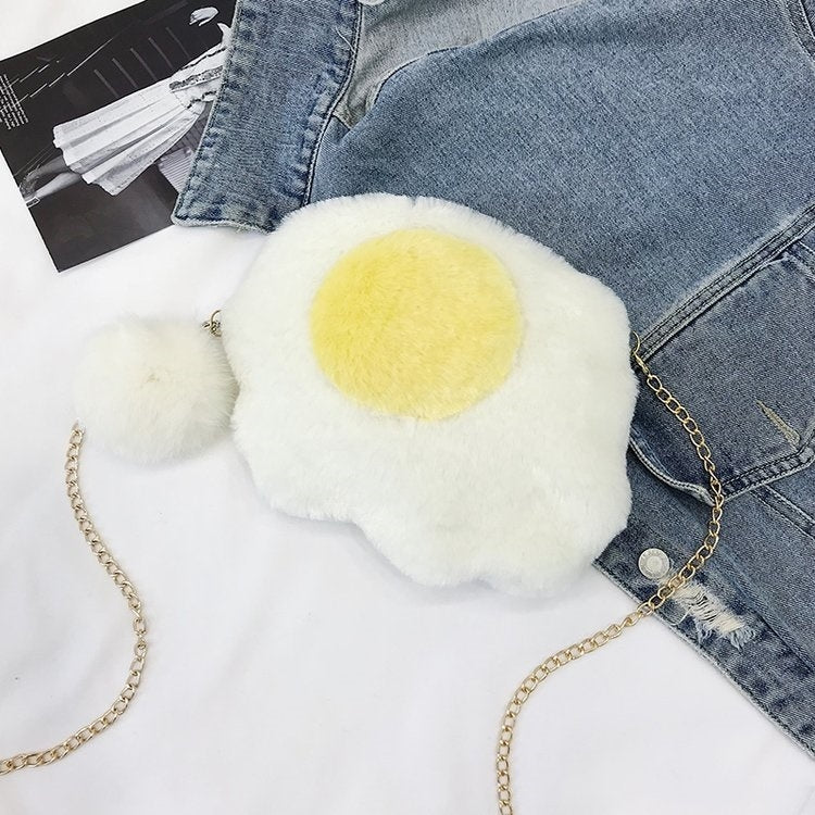 Omelette Shape Fashion Plush Chain Single Shoulder Bag Ladies Handbag with Plush Pendant (White)