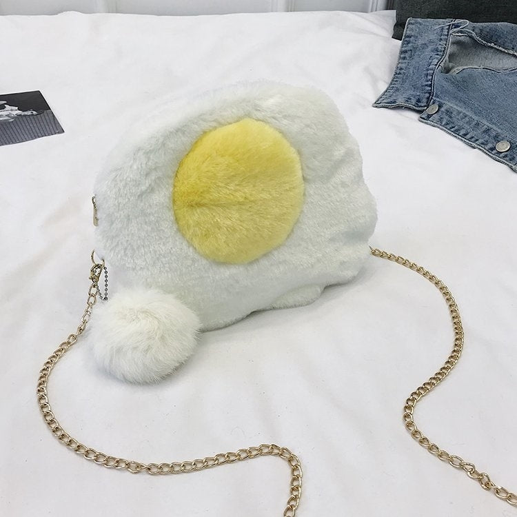 Omelette Shape Fashion Plush Chain Single Shoulder Bag Ladies Handbag with Plush Pendant (White)