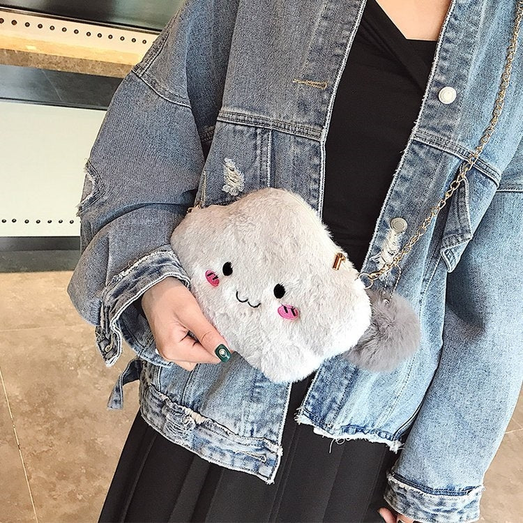 Cute Cloud-shaped Smile Face Fashion Plush Chain Single Shoulder Bag Ladies Handbag with Plush Pendant
