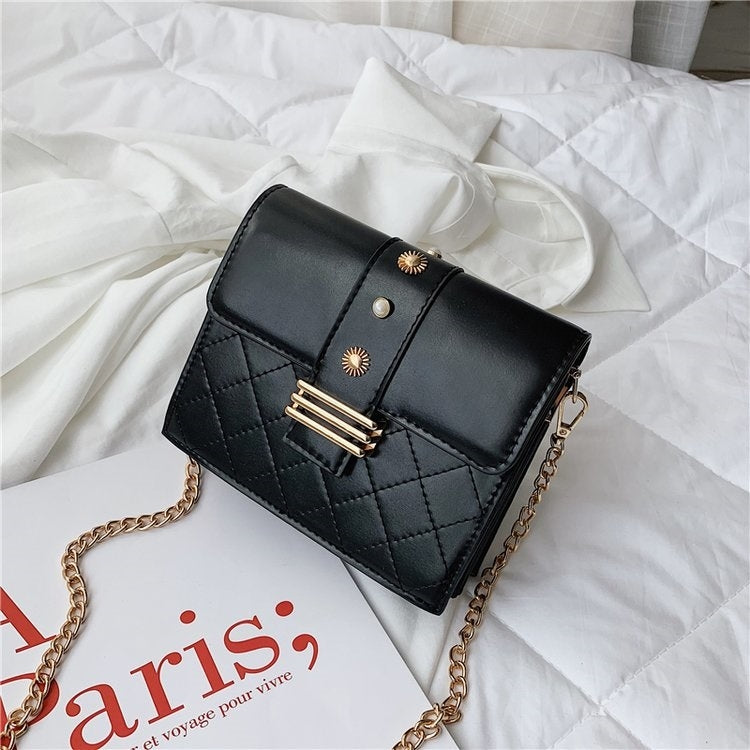 Rhombus Texture Double Magnetic Buckles Pearl PU Leather Chain Single Shoulder Bag Ladies Handbag Messenger Bag