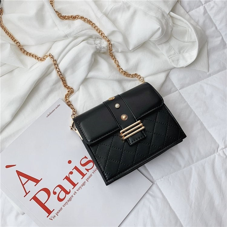 Rhombus Texture Double Magnetic Buckles Pearl PU Leather Chain Single Shoulder Bag Ladies Handbag Messenger Bag