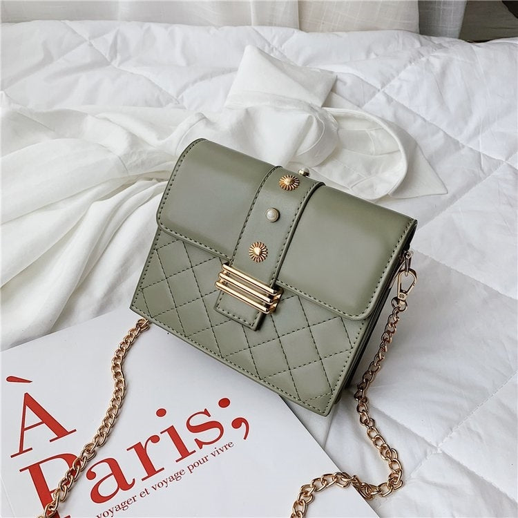 Rhombus Texture Double Magnetic Buckles Pearl PU Leather Chain Single Shoulder Bag Ladies Handbag Messenger Bag
