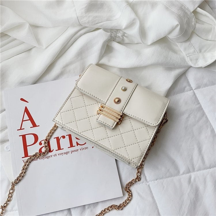 Rhombus Texture Double Magnetic Buckles Pearl PU Leather Chain Single Shoulder Bag Ladies Handbag Messenger Bag