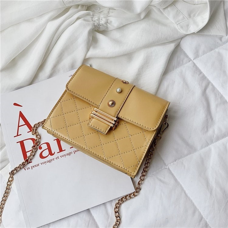 Rhombus Texture Double Magnetic Buckles Pearl PU Leather Chain Single Shoulder Bag Ladies Handbag Messenger Bag